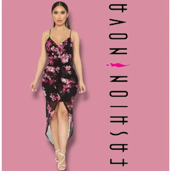 Fashion Nova women's black floral mesh lined bodycon high low Dress  - medium​ - Picture 12 of 12